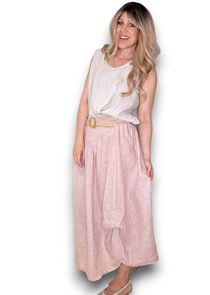 Baby Pink Midi Raffia Belt Linen Skirt