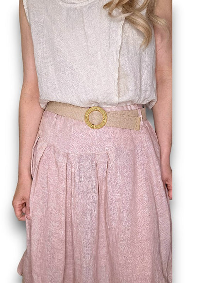 Baby Pink Midi Raffia Belt Linen Skirt
