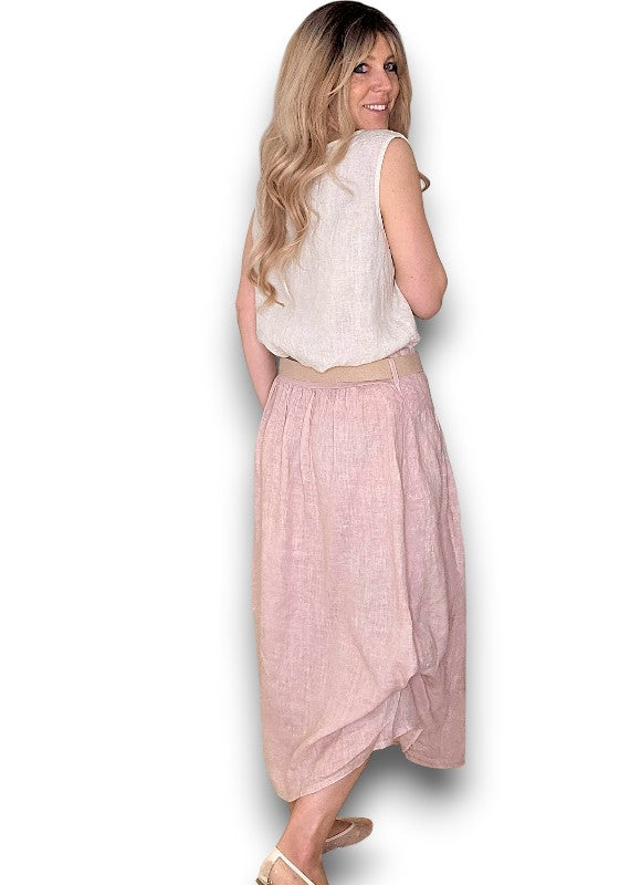 Baby Pink Midi Raffia Belt Linen Skirt