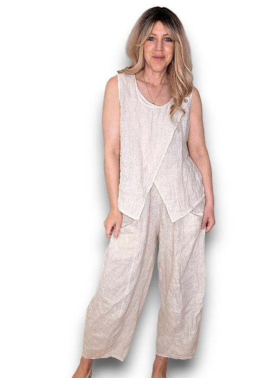 Beige Overlap Linen Tank Top