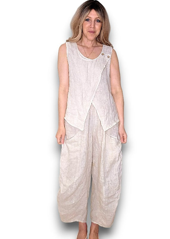 Beige Overlap Linen Tank Top