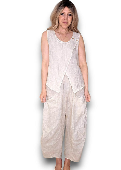 Beige Overlap Linen Tank Top