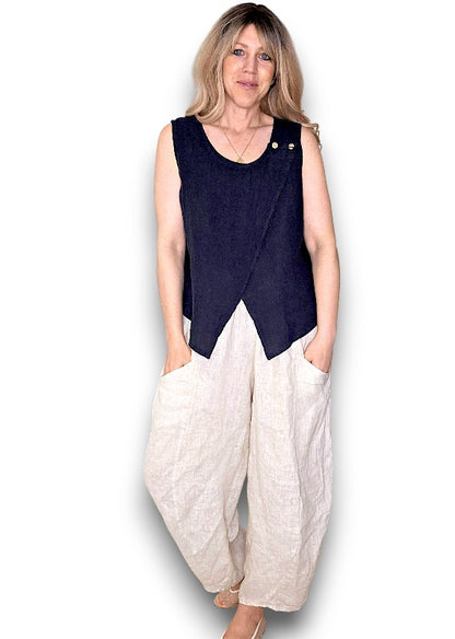 Navy Overlap Linen Tank Top