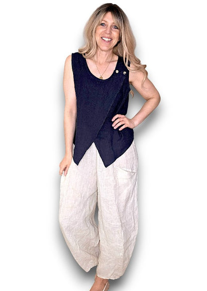 Navy Overlap Linen Tank Top