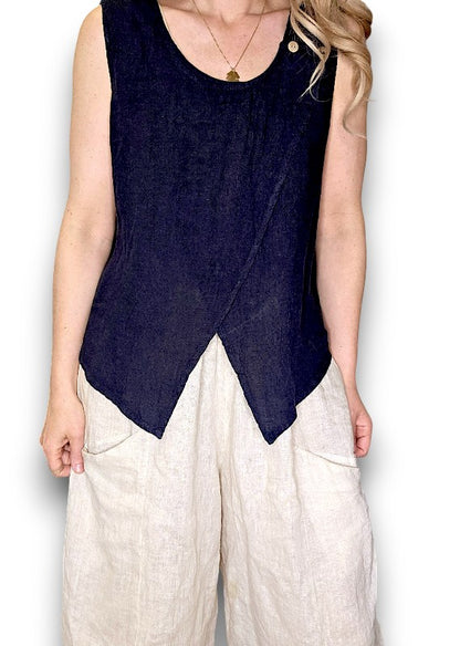 Navy Overlap Linen Tank Top