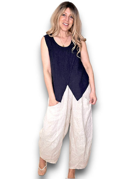 Navy Overlap Linen Tank Top