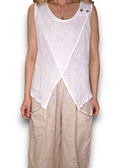 White Overlap Linen Tank Top