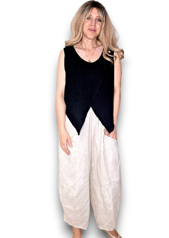 Black Overlap Linen Tank Top