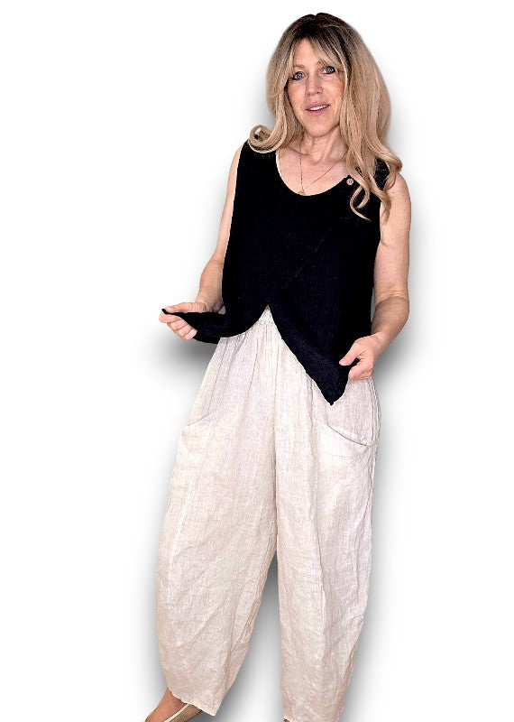 Black Overlap Linen Tank Top