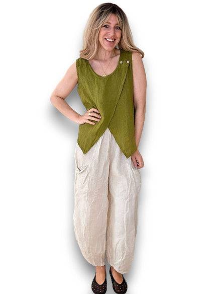 Olive Green Overlap Linen Tank Top