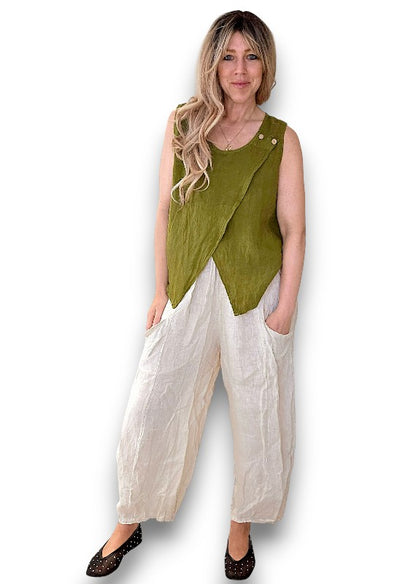 Olive Green Overlap Linen Tank Top