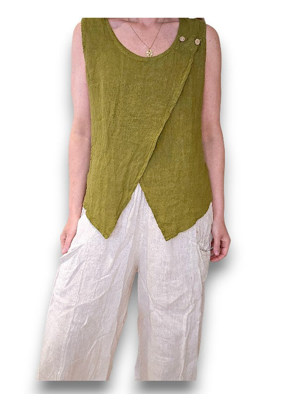 Olive Green Overlap Linen Tank Top
