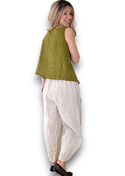 Olive Green Overlap Linen Tank Top