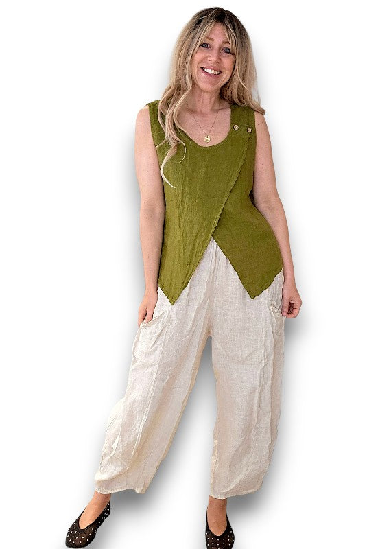 Olive Green Overlap Linen Tank Top