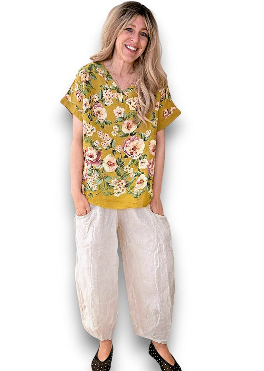 Mustard Ruby Blossom Linen Top
