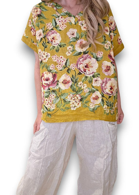 Mustard Ruby Blossom Linen Top