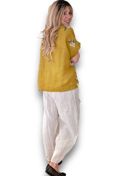 Mustard Ruby Blossom Linen Top