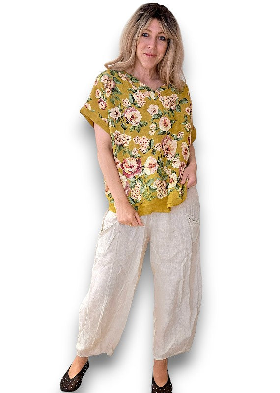 Mustard Ruby Blossom Linen Top