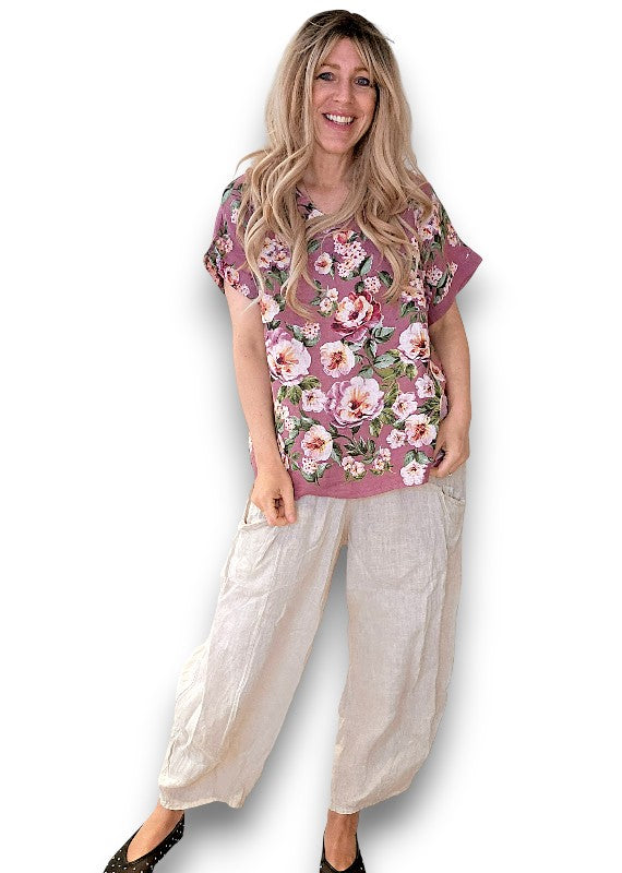 Plum Ruby Blossom Linen Top