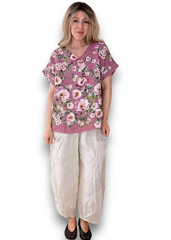 Plum Ruby Blossom Linen Top