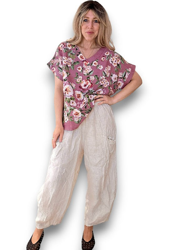 Plum Ruby Blossom Linen Top