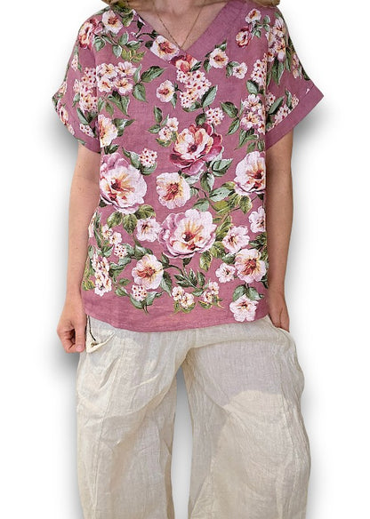 Plum Ruby Blossom Linen Top