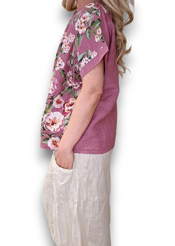 Plum Ruby Blossom Linen Top