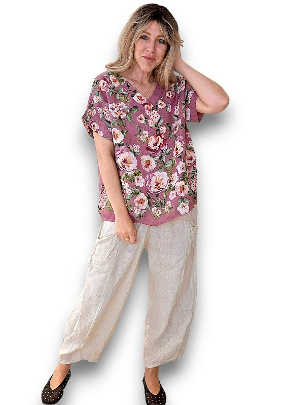 Plum Ruby Blossom Linen Top