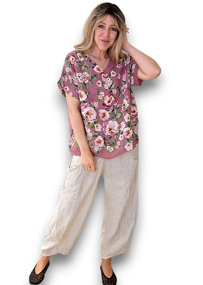 Plum Ruby Blossom Linen Top