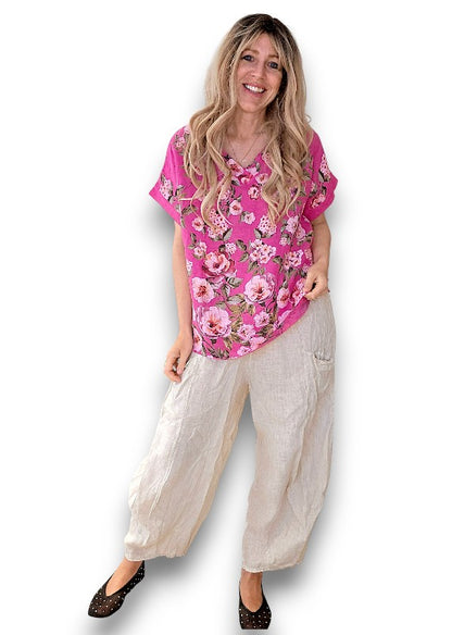 Hot Pink Ruby Blossom Linen Top