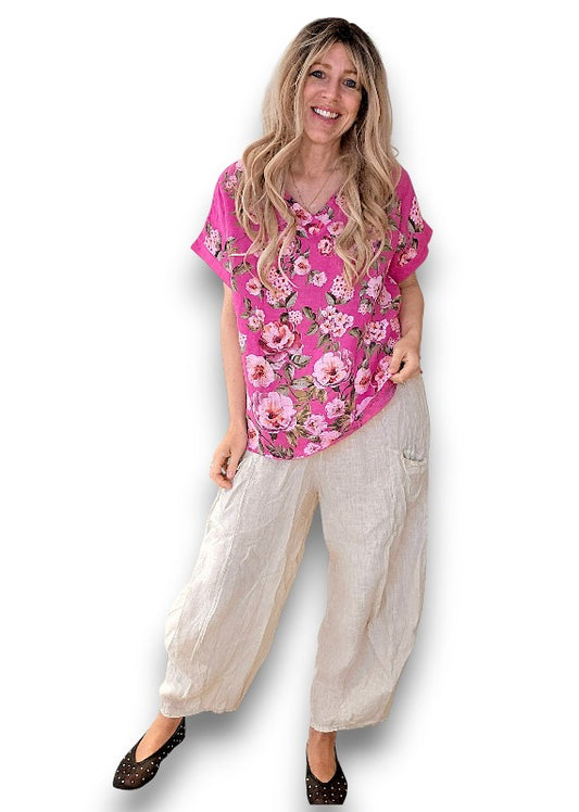 Hot Pink Ruby Blossom Linen Top