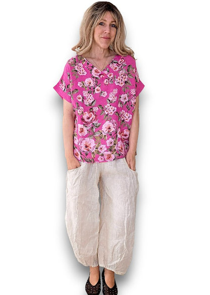 Hot Pink Ruby Blossom Linen Top