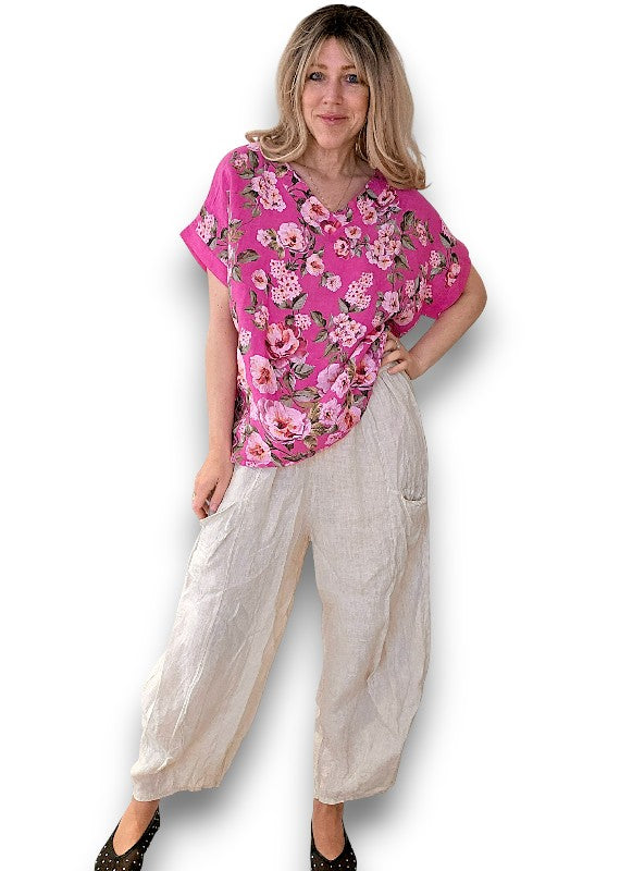 Hot Pink Ruby Blossom Linen Top