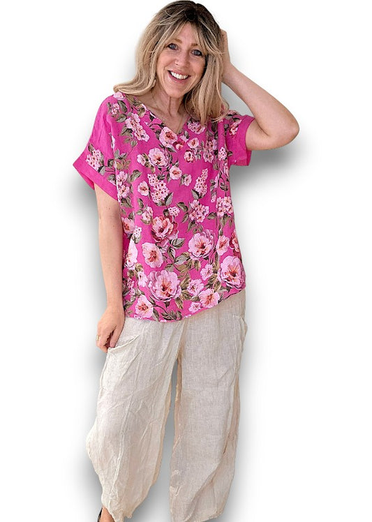 Hot Pink Ruby Blossom Linen Top