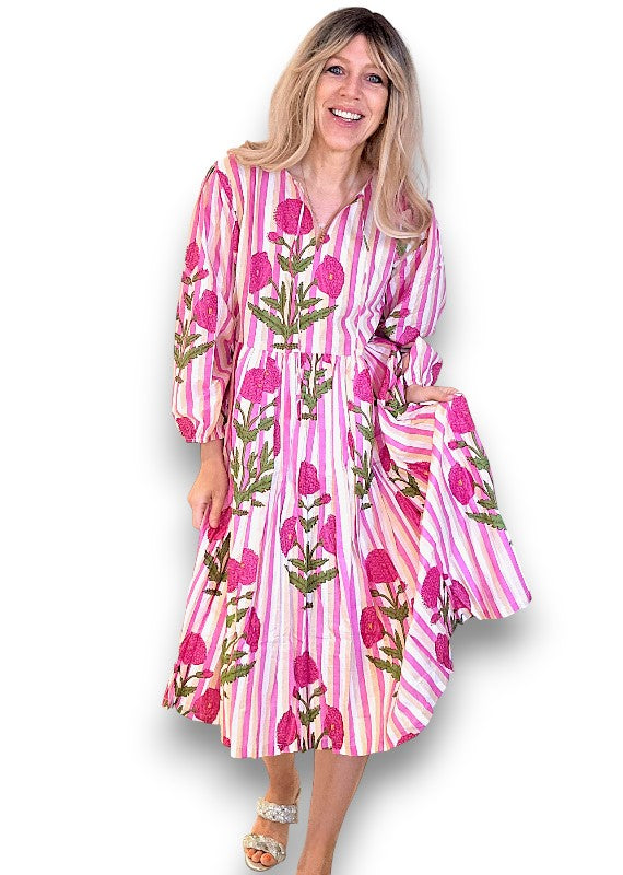 IDA IVY Pouf Sl Dress/Pink Dahlia Stripe