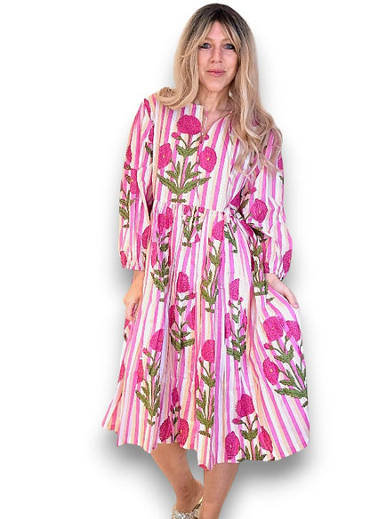 IDA IVY Pouf Sl Dress/Pink Dahlia Stripe