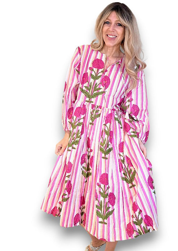IDA IVY Pouf Sl Dress/Pink Dahlia Stripe