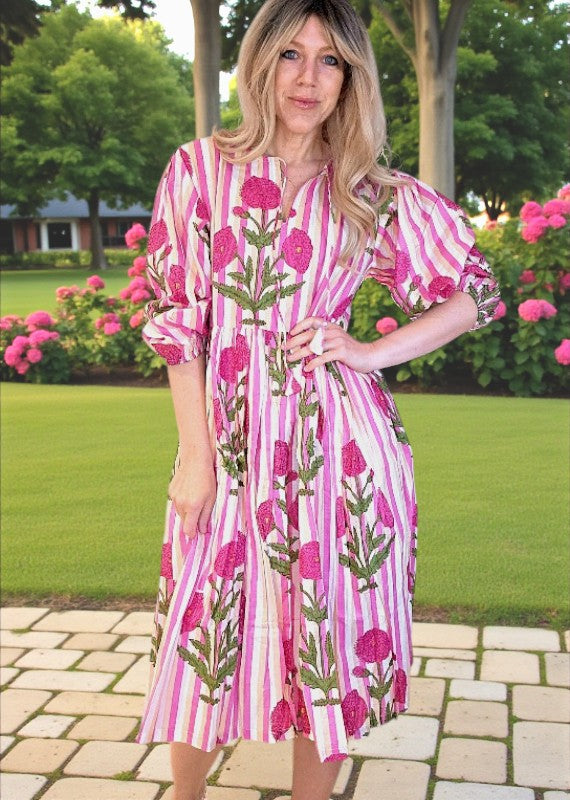 IDA IVY Pouf Sl Dress/Pink Dahlia Stripe