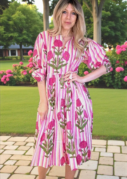 IDA IVY Pouf Sl Dress/Pink Dahlia Stripe