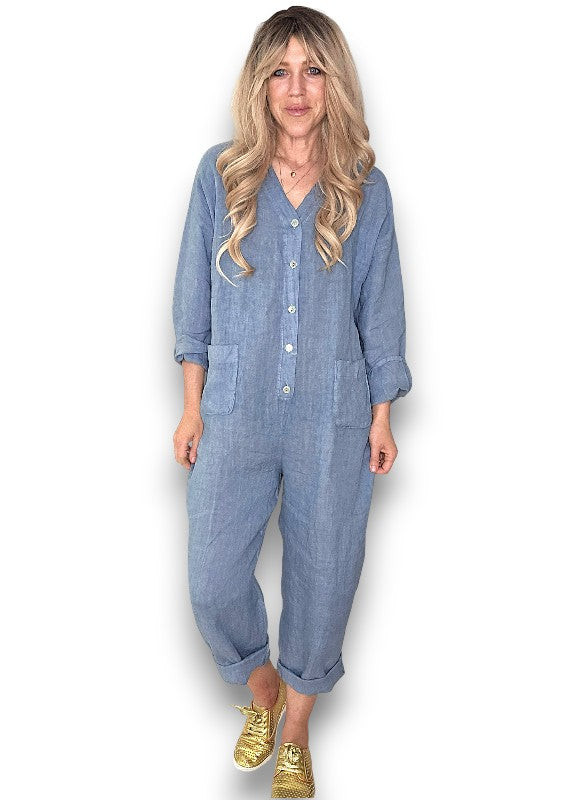 Petrol Pearl Front Buttons Long Sl Jumpsuit