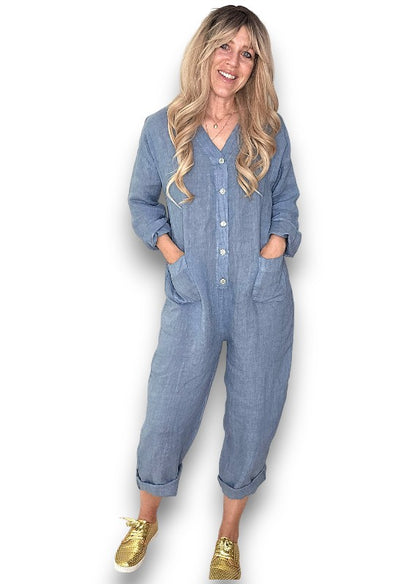 Petrol Pearl Front Buttons Long Sl Jumpsuit