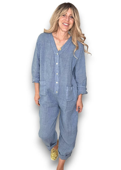 Petrol Pearl Front Buttons Long Sl Jumpsuit