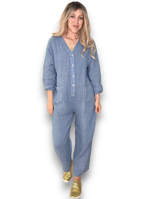 Petrol Pearl Front Buttons Long Sl Jumpsuit