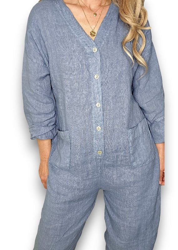 Petrol Pearl Front Buttons Long Sl Jumpsuit