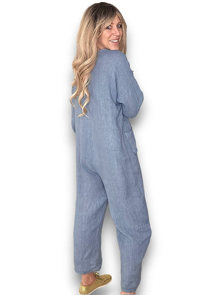 Petrol Pearl Front Buttons Long Sl Jumpsuit