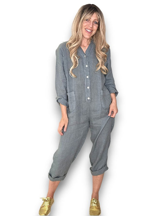 Grey Pearl Front Buttons Long Sl Jumpsuit