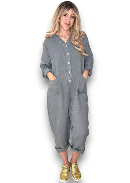 Grey Pearl Front Buttons Long Sl Jumpsuit
