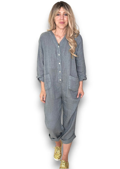 Grey Pearl Front Buttons Long Sl Jumpsuit