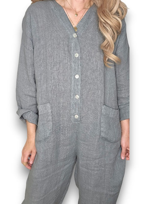 Grey Pearl Front Buttons Long Sl Jumpsuit