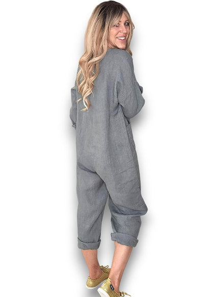 Grey Pearl Front Buttons Long Sl Jumpsuit